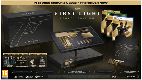 Promotional image of 'First Light' Legacy Edition packaging with game components and branding.