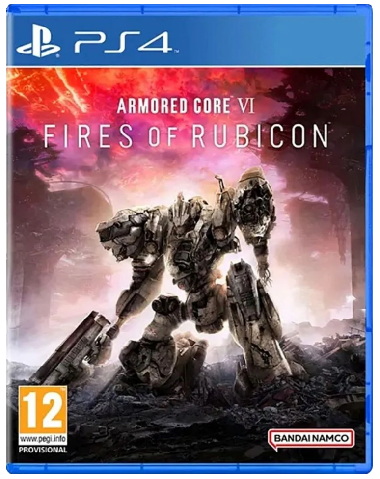 Game box for 'Armored Core VI: Fires of Rubicon' on PS4 with robot illustration and Bandai Namco logo.