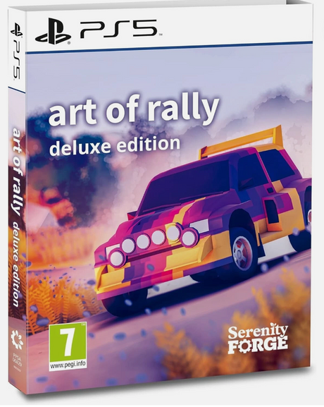 PS5 game case for 'Art of Rally Deluxe Edition' with colorful car illustration.
