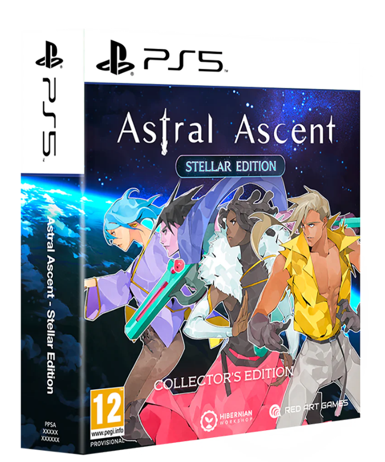 Gaming console packaging for PS5 with 'Astral Ascent' game, featuring characters and branding.