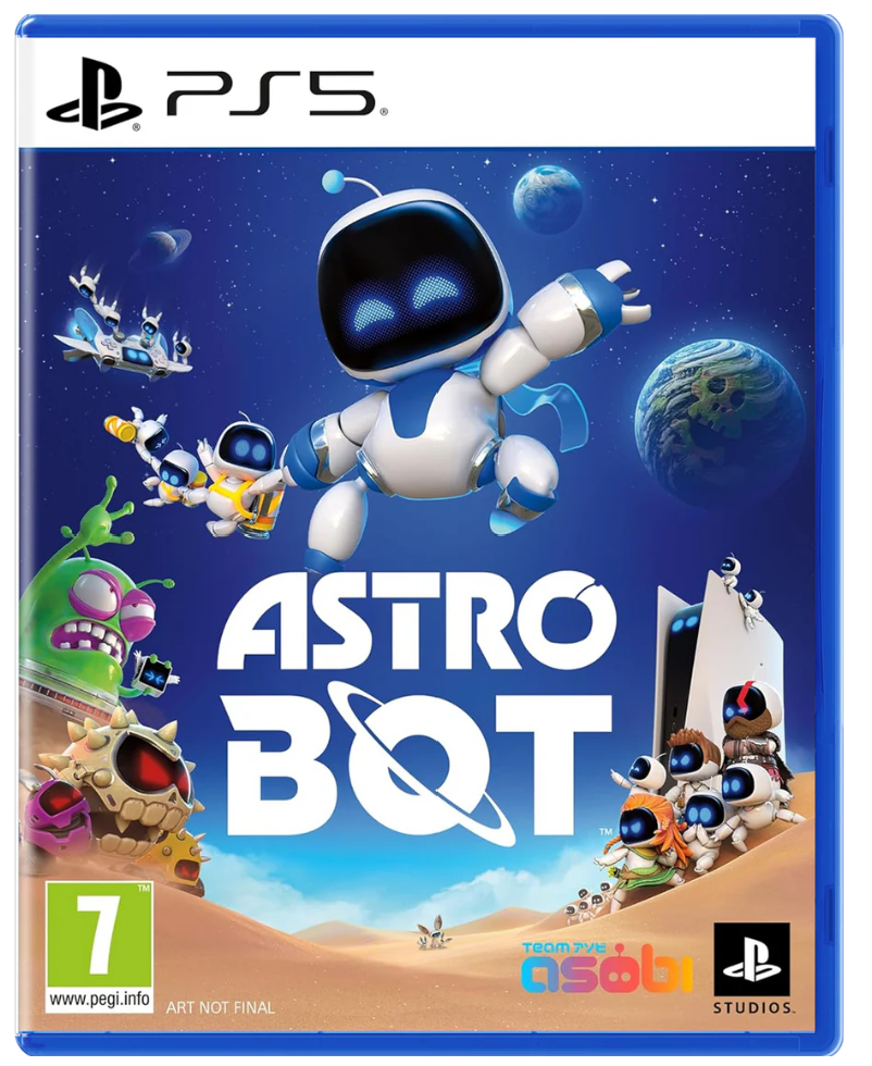 PlayStation 5 game disc cover for 'Astro Bot' featuring a robot and alien characters on a blue background.