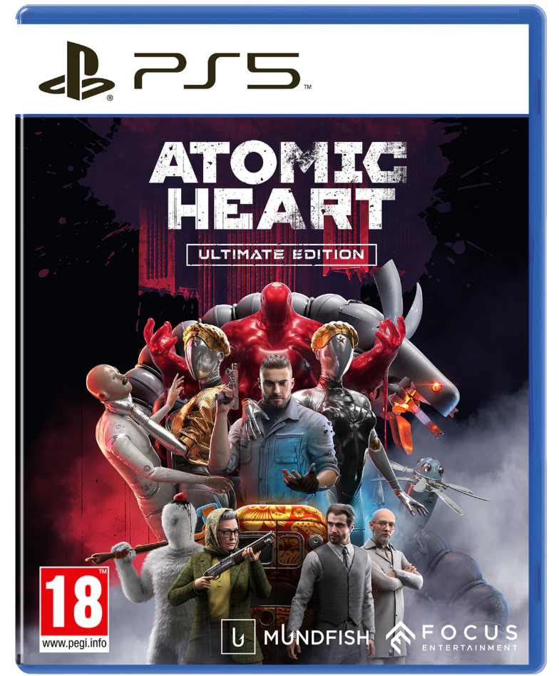 Game box for 'Atomic Heart Ultimate Edition' on PS5 with characters and design elements.