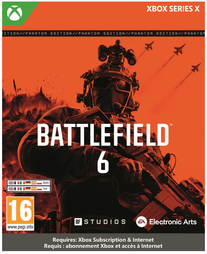 Game cover for 'Battlefield 6' on Xbox Series X with a soldier and orange background.