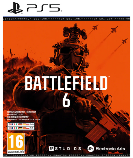 Game cover for 'Battlefield 6' with a soldier and orange background