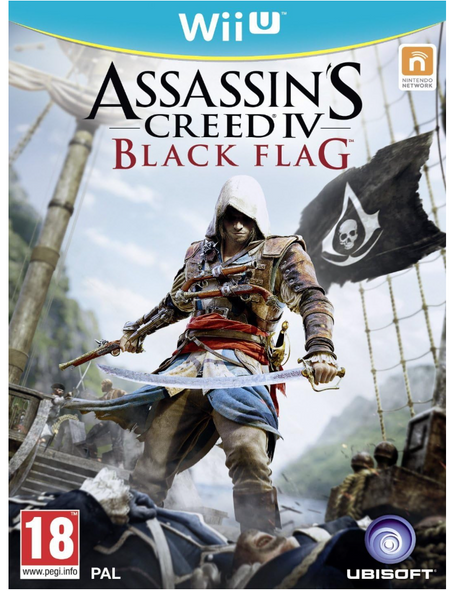 Assassin's Creed IV Black Flag game cover for Wii U with a character holding a sword on a ship.