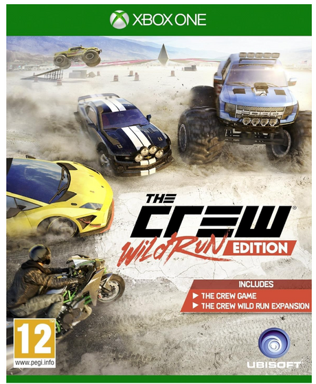 Game cover for 'The Crew Wild Run Edition' for Xbox One, featuring four vehicles on a dirt track.