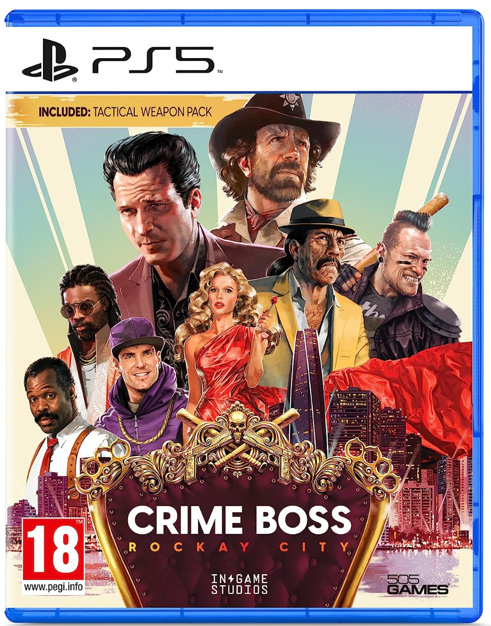 PS5 game case cover for Crime Boss: Rockaway City, featuring illustrated character portraits, a PS5 logo at the top, PEGI 18 rating at bottom left, and TM Games Studios / PS5 Games branding.