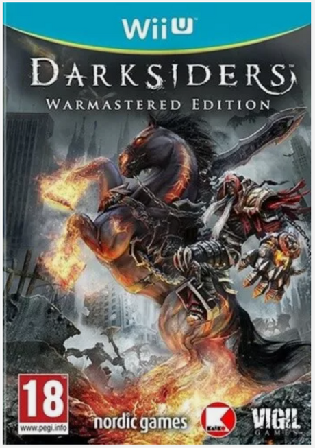 Darksiders Warmastered Edition game cover for Wii U with a dragon and warrior illustration.
