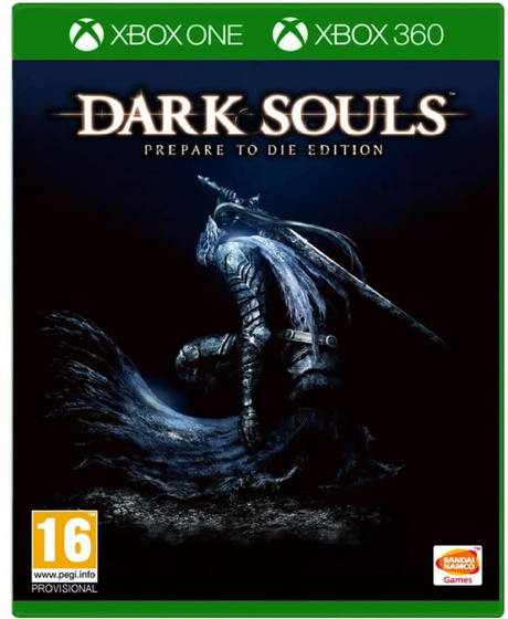 Game cover of 'Dark Souls Prepare to Die Edition' for Xbox One and Xbox 360 with a dark theme and warrior illustration.