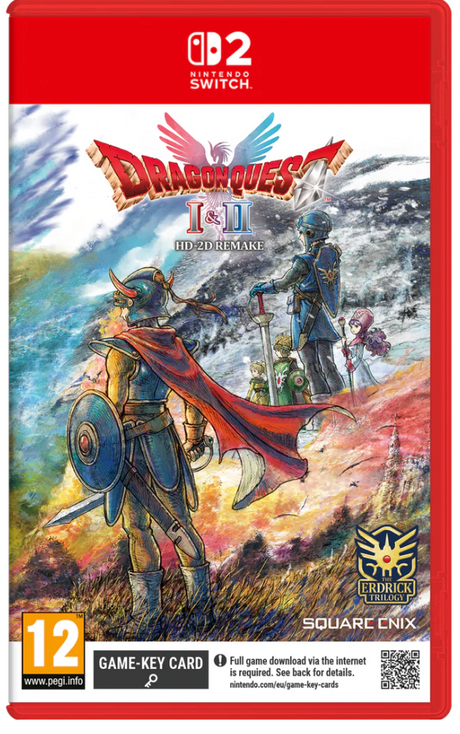 Dragon Quest I & II remake game case for Nintendo Switch with colorful artwork and branding.