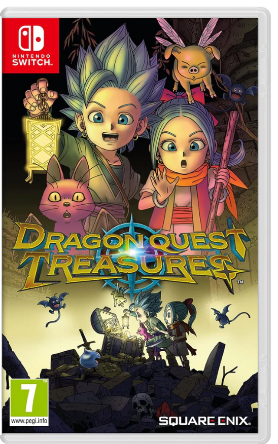 Dragon Quest Treasures game cover for Nintendo Switch with characters and Square Enix logo.