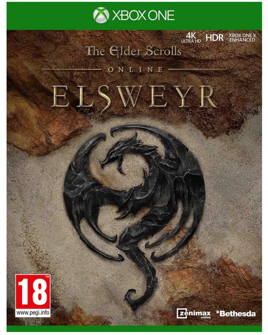 Game cover for 'The Elder Scrolls Online: Elsweyr' on Xbox One with a dragon emblem and Bethesda logo.