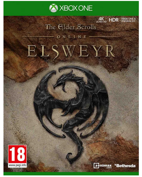 Game cover for 'The Elder Scrolls Online: Elsweyr' on Xbox One with a dragon emblem and Bethesda logo.