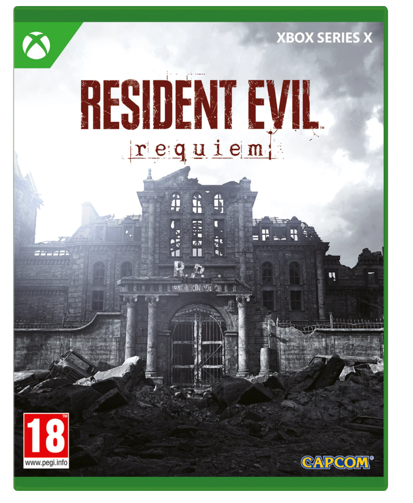 Game box for 'Resident Evil Requiem' on Xbox Series X with a haunted house and rubble design.