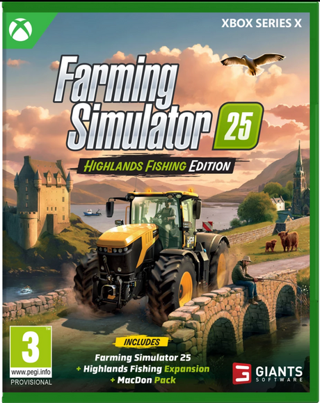 Farming Simulator 25 Highlands Fishing Edition packaging with tractor and scenic background