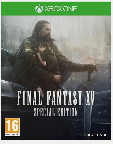 Cover of 'Final Fantasy XV' Special Edition for Xbox One with a character holding a child.