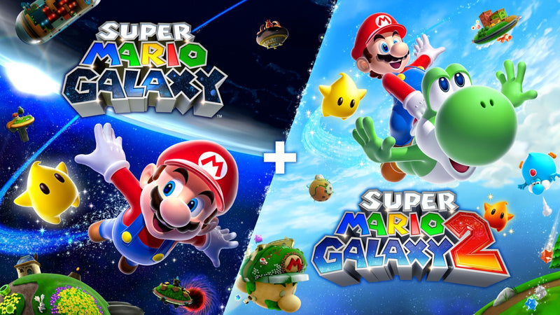 Two game covers for 'Super Mario Galaxy' and 'Super Mario Galaxy 2' with characters and space-themed graphics.