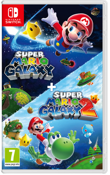Super Mario Galaxy and Super Mario Galaxy 2 packaging for Nintendo Switch with characters and game title.
