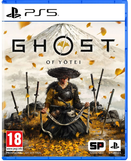Game cover for 'Ghost of Yotei' on PS5 with a samurai holding swords and Mount Fuji in the background.