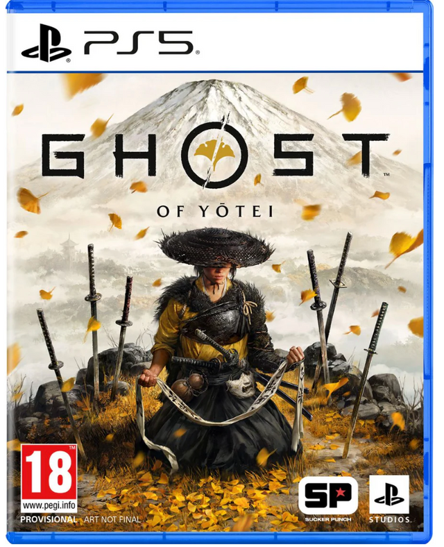 Game cover for 'Ghost of Yotei' on PS5 with a samurai holding swords and Mount Fuji in the background.