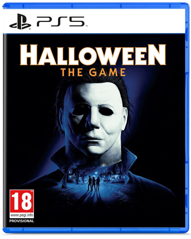 PS5 game case cover for Halloween The Game, featuring Michael Myers in a blue-lit scene on a black background, with PS5 branding at the top and an 18 rating badge at the bottom left.