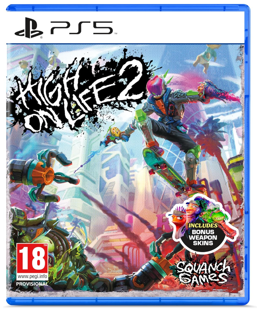 PlayStation 5 game disc for 'High on Life 2' with colorful graphics and character on a skateboard.