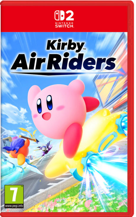 Game box for 'Kirby Air Riders' on Nintendo Switch with Kirby character on the cover.