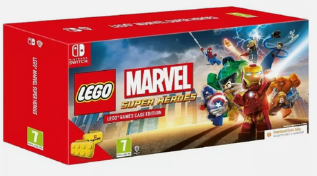Box of LEGO Marvel Super Heroes game for Nintendo Switch with characters on the cover.