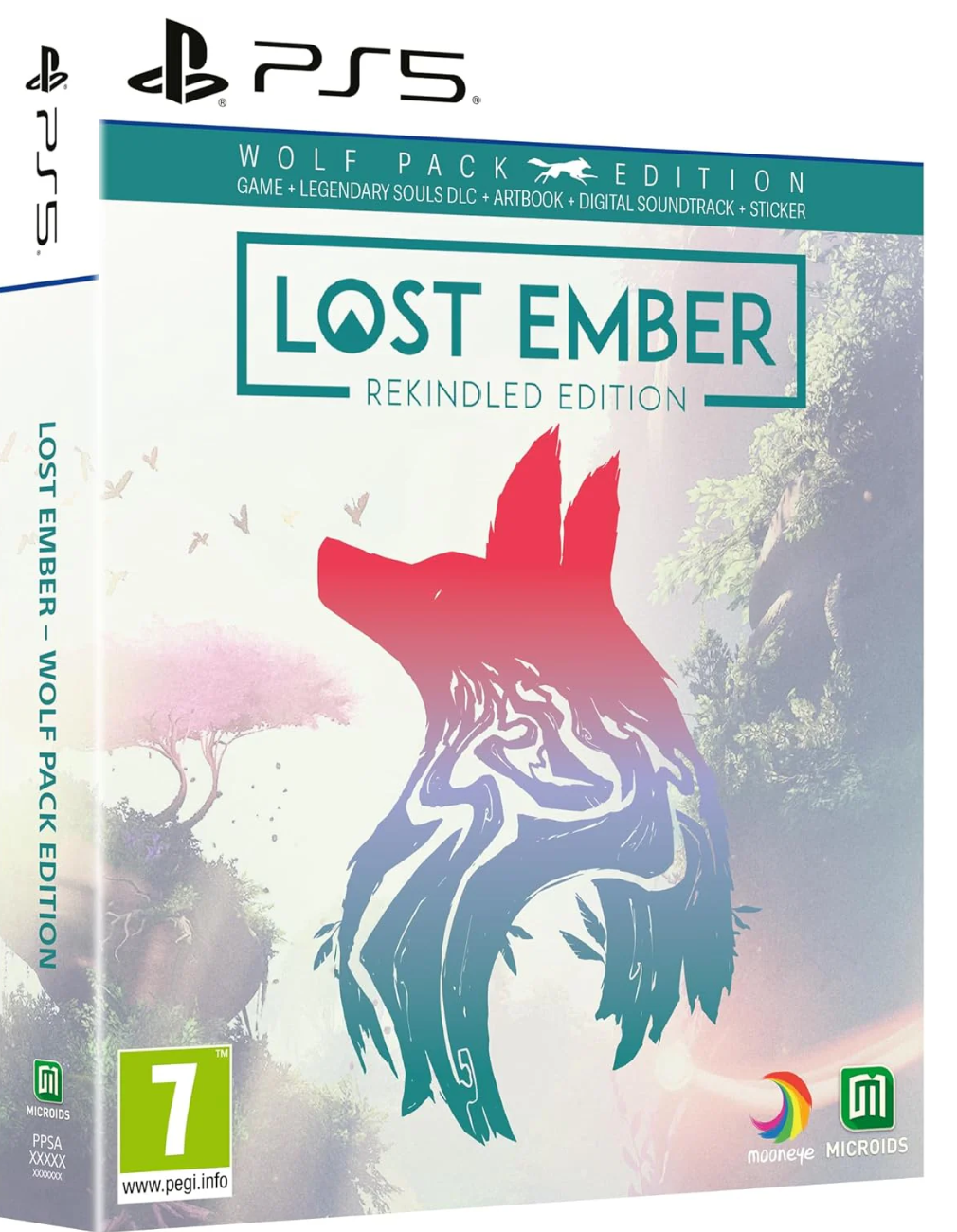 Front and spine views of the PlayStation 5 game box for Lost Ember: Rekindled Edition Wolf Pack Edition, featuring a stylized wolf silhouette in red, teal, and white over a soft forest background.