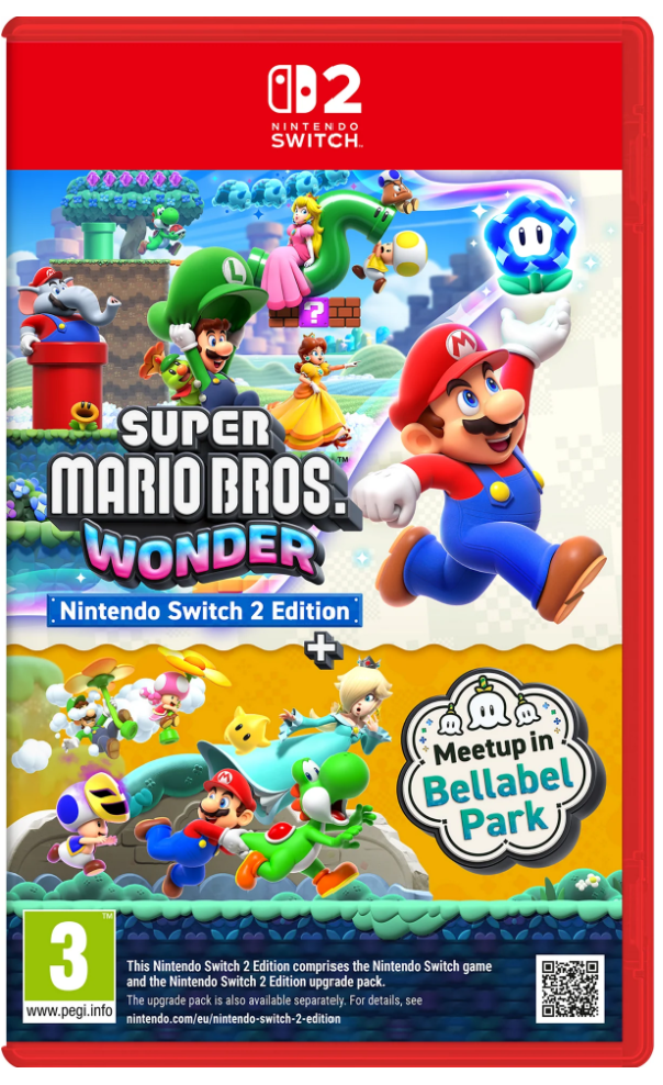 Super Mario Bros. Wonder Nintendo Switch 2 Edition packaging with characters and colorful design.