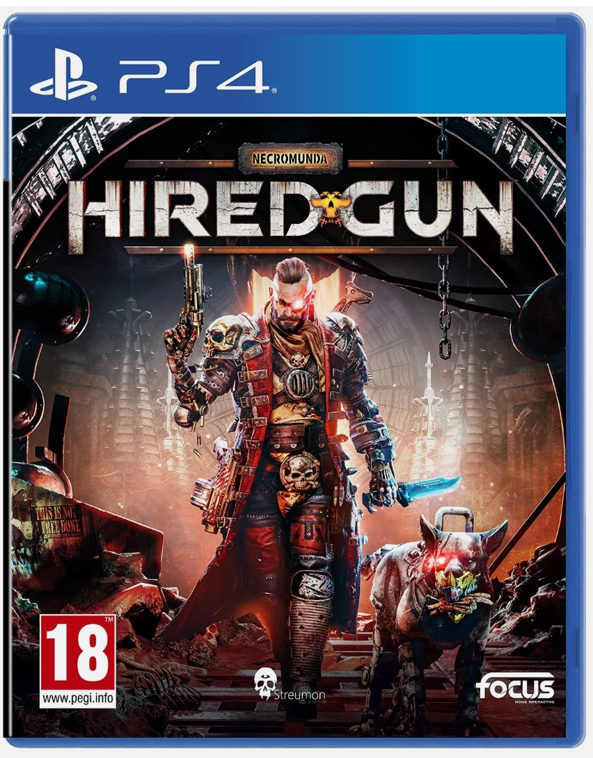 Game cover for 'Hired Gun' by Necromunda on PS4 with a character holding a gun and a rhino-like creature.