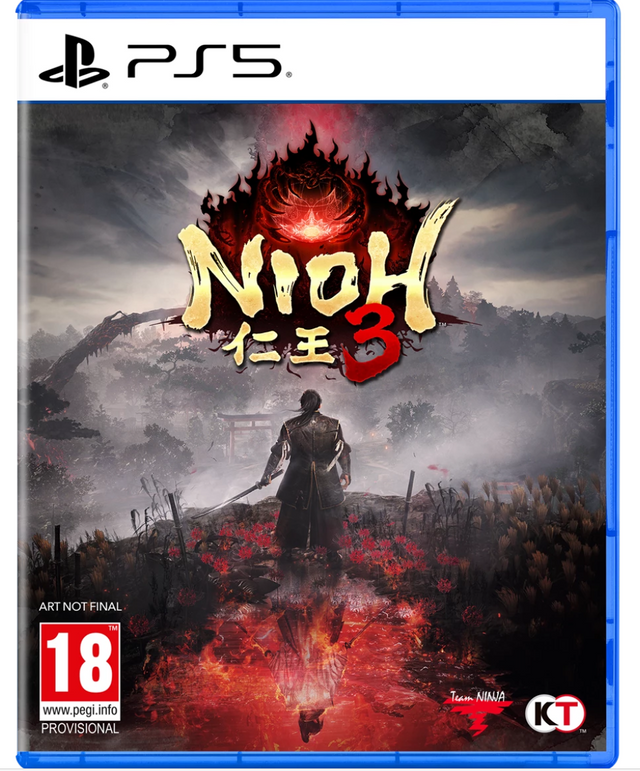 Nioh 3 game cover for PS5 with a warrior and red bloodstains on a dark background