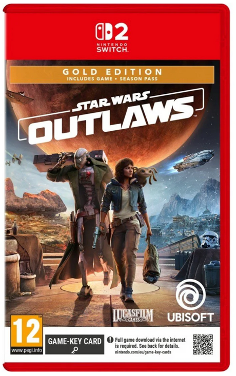Star Wars Outlaws game cover for Nintendo Switch with characters and spaceship on a red background