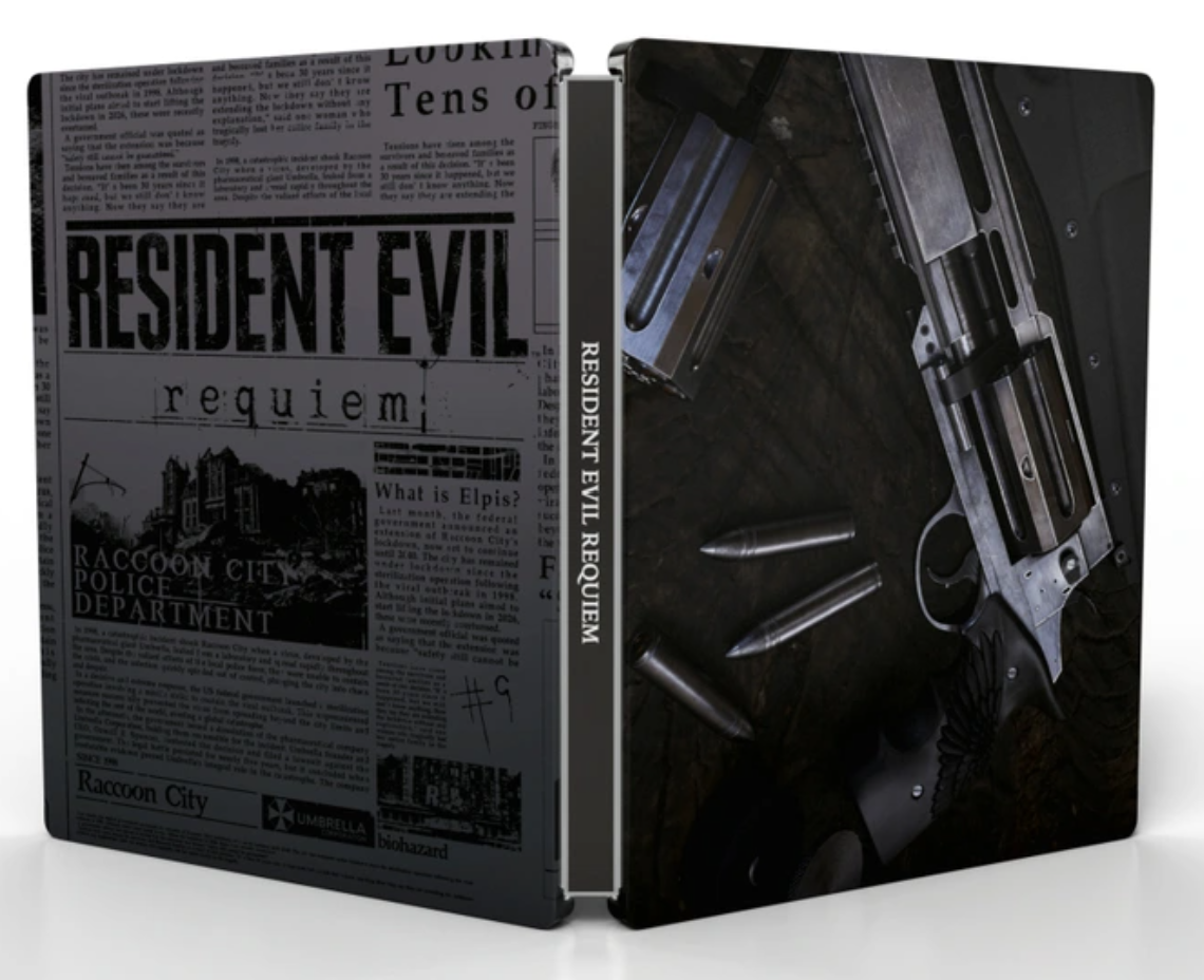 Steelbook case for 'Resident Evil Requiem' with gun and newspaper design