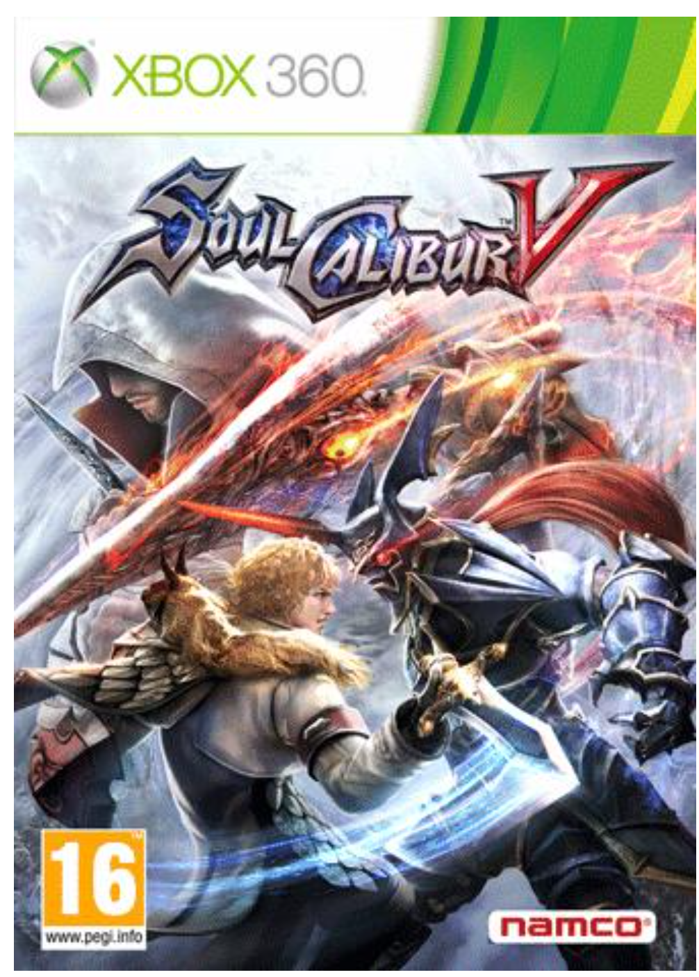 Front cover art for the video game Soul Calibur V for Xbox 360, featuring illustrated characters in combat with glowing swords and a snowy background. The Xbox 360 banner appears at the top, with a PEGI 16 rating logo at the bottom left and the Namco logo at the bottom right.