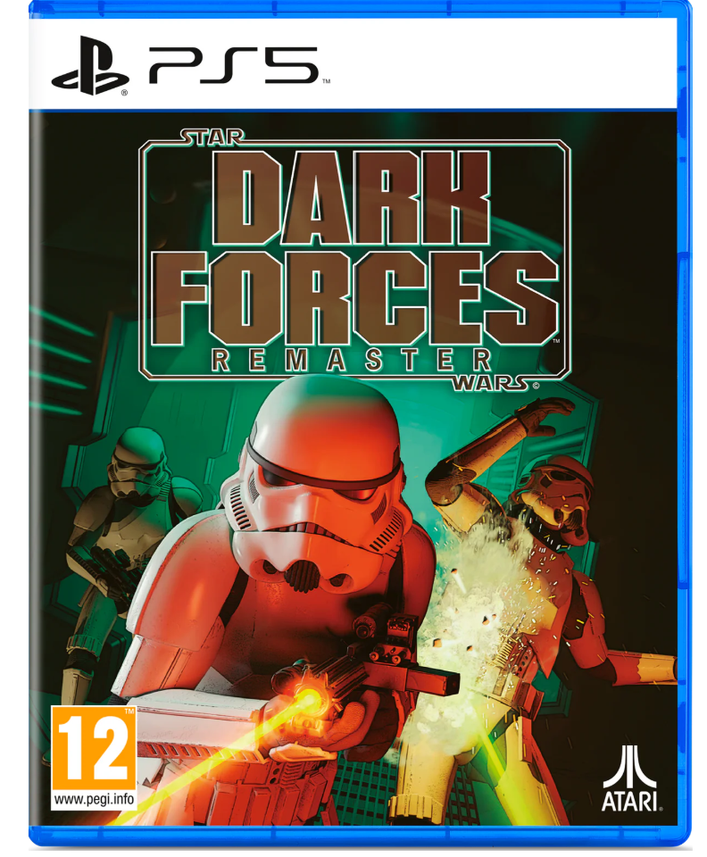 Game case for 'Star Wars: Dark Forces Remaster' on PS5 with stormtrooper and other characters.