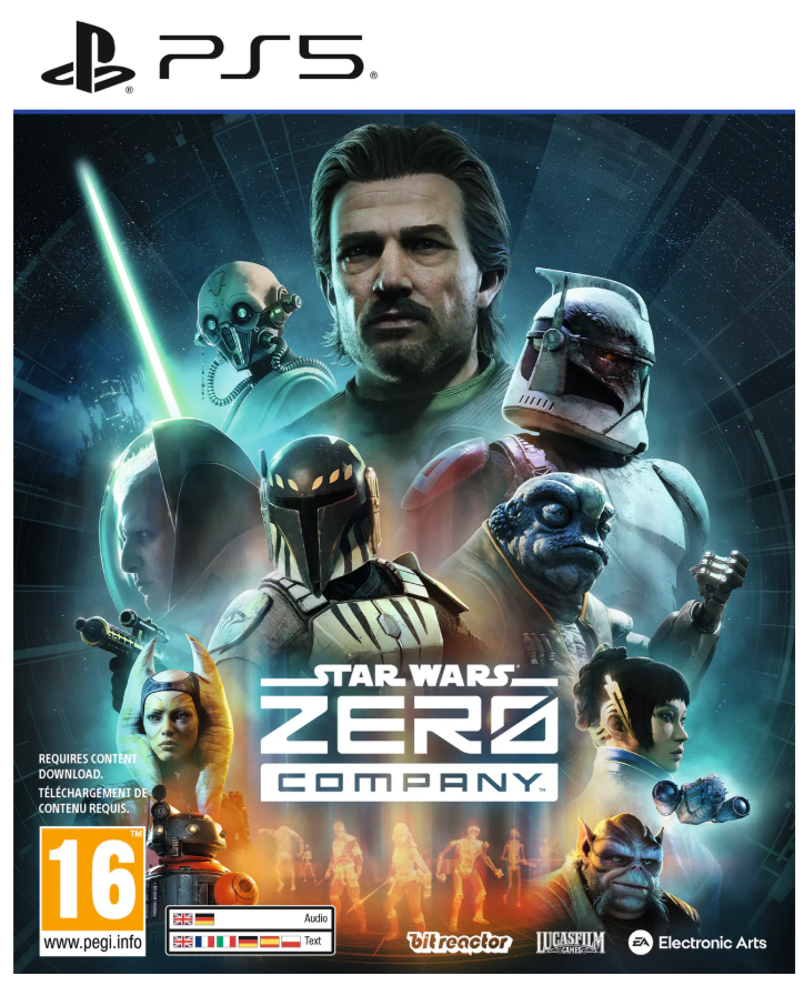Front cover art for the video game Star Wars: Zero Company for PlayStation 5, featuring multiple Star Wars characters against a dark space background with the PS5 logo at the top and publisher logos at the bottom.