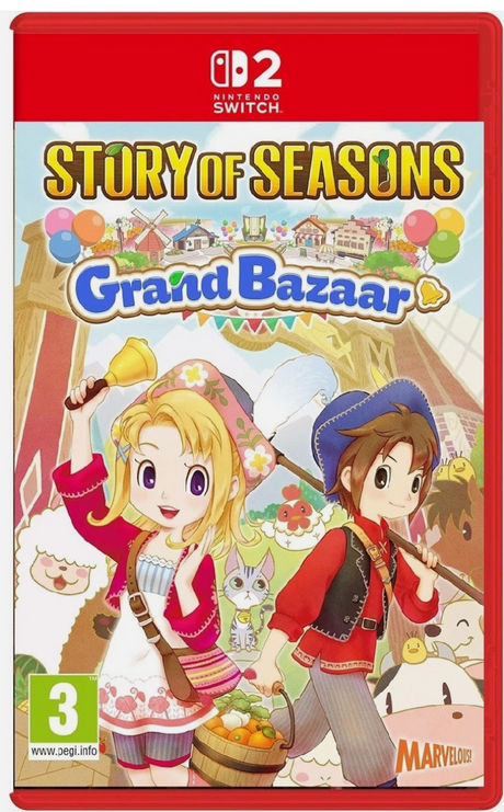 Game box for 'Story of Seasons: Grand Bazaar' on Nintendo Switch with characters and colorful design.