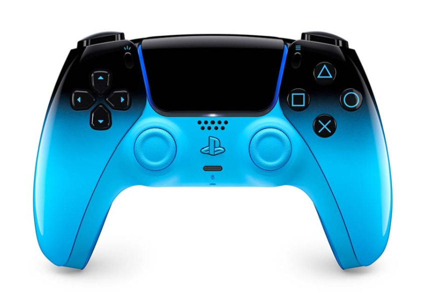 Blue gaming controller with a black screen on a white background