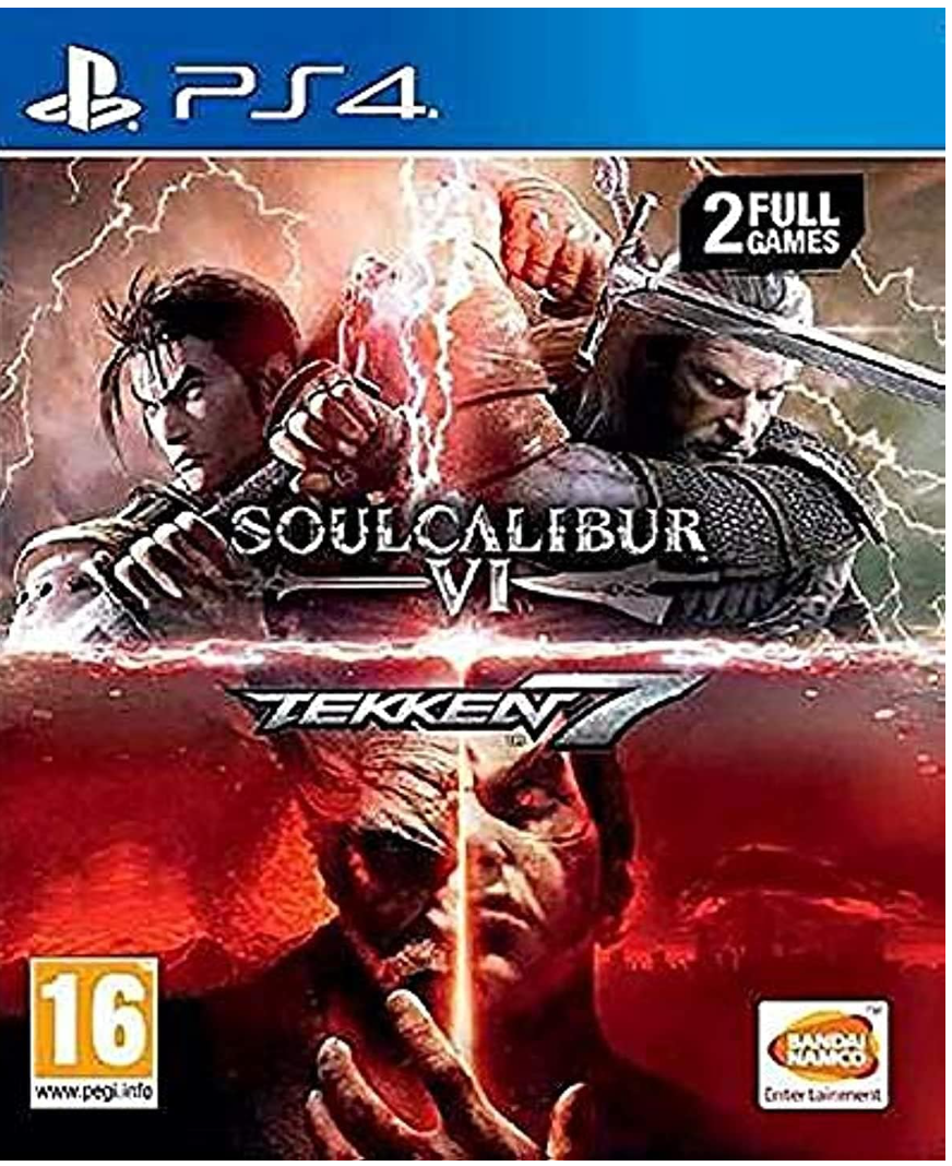 Game case for 'Soulcalibur VI' and 'Tekken' on PS4 with two full games displayed.