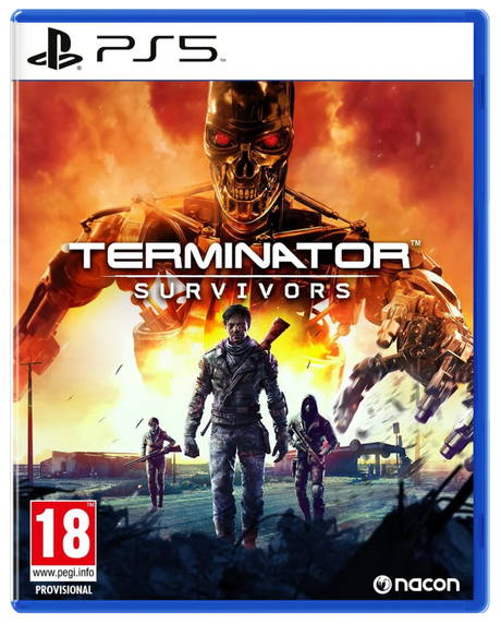 Game cover for 'Terminator Survivors' on PS5 with a robot and human characters in a post-apocalyptic setting.