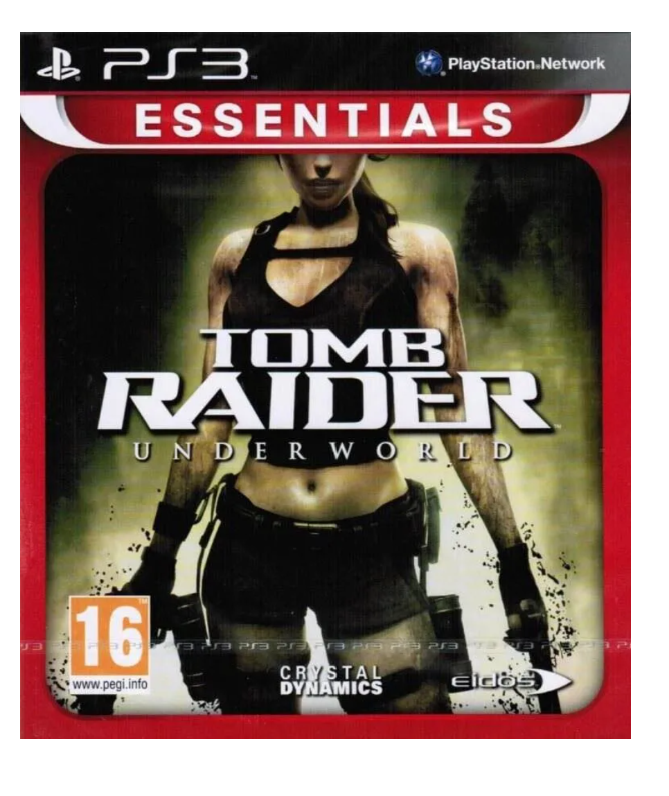 Game case for 'Tomb Raider: Underworld' on PS3 with branding and rating visible.