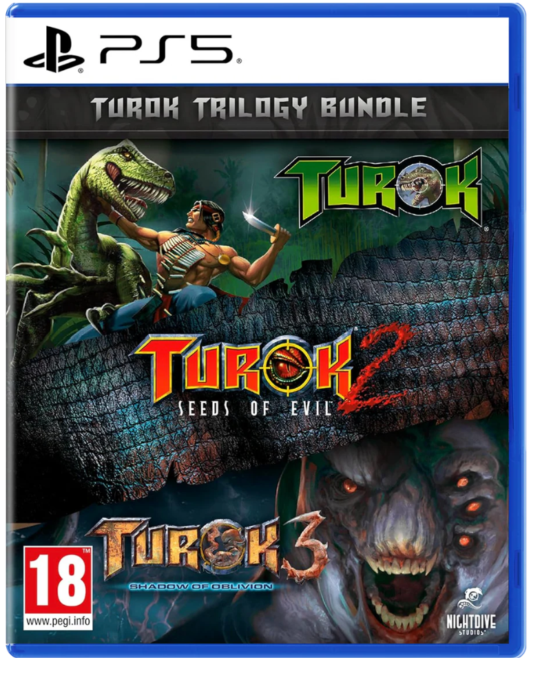 Turok Trilogy Bundle packaging for PS5 with Turok, Turok 2, and Turok 3 on a blue background.