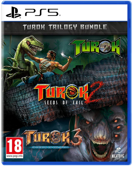 Turok Trilogy Bundle packaging for PS5 with Turok, Turok 2, and Turok 3 on a blue background.