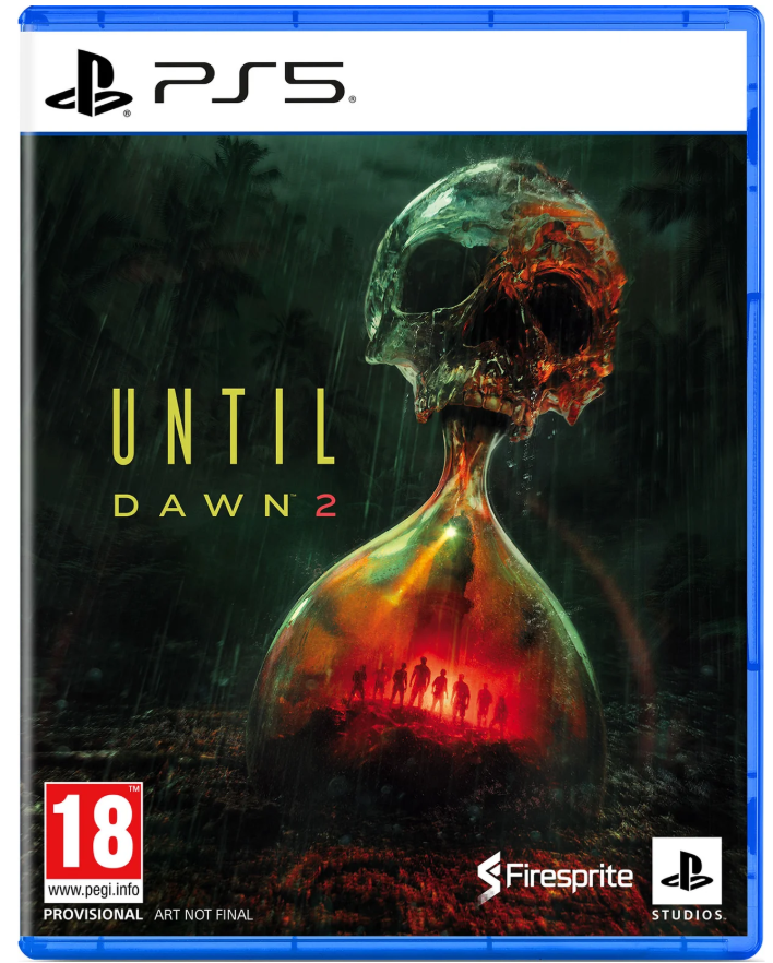 PS5 game case cover for Until Dawn 2, featuring a glowing hourglass with a skull-shaped top and small figures inside, set against a dark rainy forest background. PlayStation branding and PEGI 18 rating are visible on the cover.