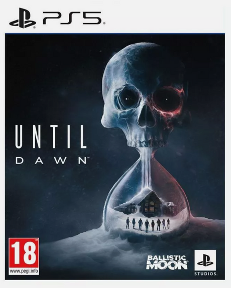 Game cover of 'Until Dawn' for PS5 with a skull and hourglass design.