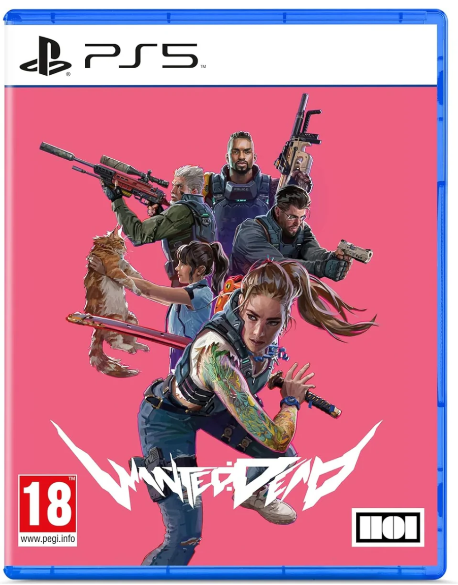 PlayStation 5 game disc cover for 'Wanted Dead or Alive' with characters and weapons on a pink background.