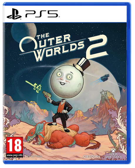 Game case for 'The Outer Worlds 2' with PS5 logo and colorful artwork.