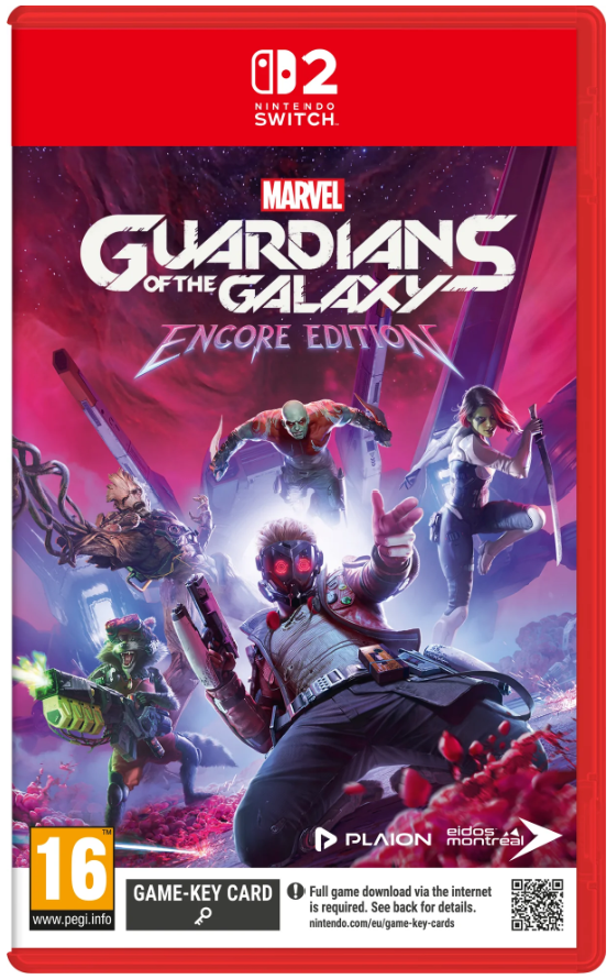 Front cover of the Nintendo Switch game Marvel: Guardians of the Galaxy Encore Edition, featuring colorful character artwork on a red and purple background with the Nintendo Switch logo at the top and a PEGI 16 rating at the bottom left.
