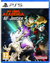PlayStation 5 game disc cover for 'My Hero Academia: All Justice' with characters and branding.